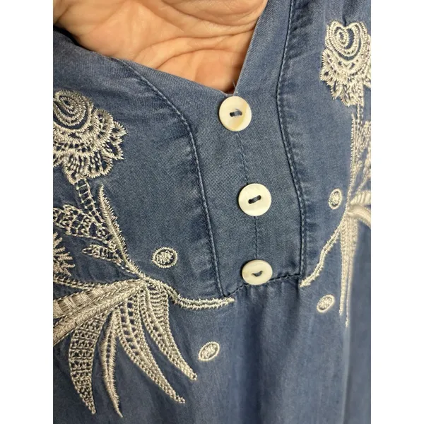 Anthropologie Kindred Chambray Embroidered Denim Mini Dress S Ruffle Hem Prairie - Image 5