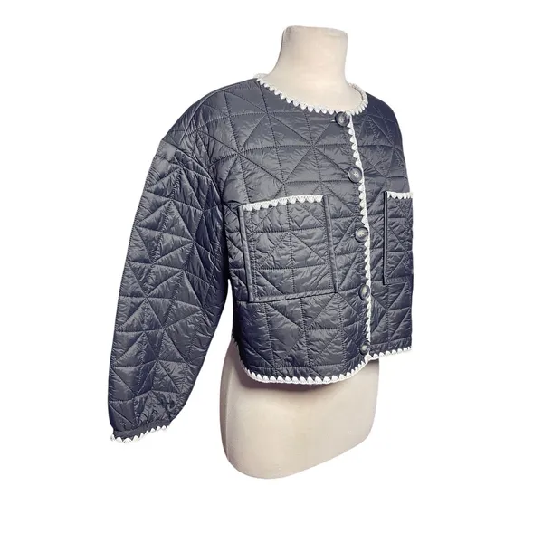 SARA CAMPBELL Women’s Gray Button Up Whipstitch Puffer Jacket - Image 3