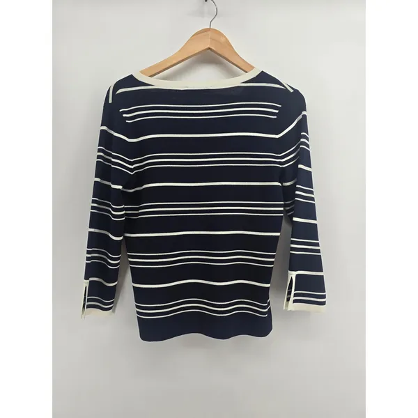 Pendleton Sweater Womens S V-Neck Navy Blue Striped 3/4 Sleeve EUC - Image 3