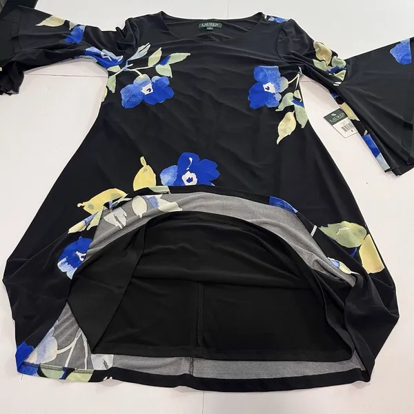 NWT‎ Ralph Lauren Blue Floral Black 3/4 Bell Sleeve Stretch Dress Size 8 - Image 7