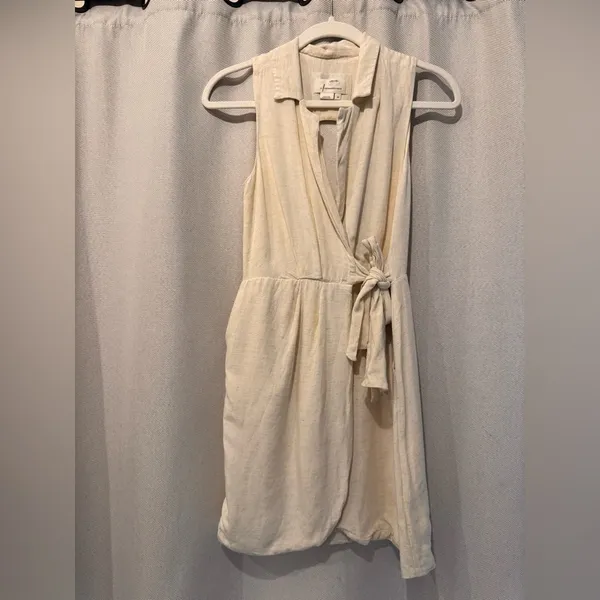 Anthropologie Linen Wrap Dress Cream Sleeveless Tie Waist XS - Image 2