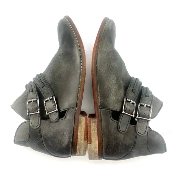 Free People Braeburn Distressed Gray Leather Ankle Boots 37 Double Buckle Strap - Image 10