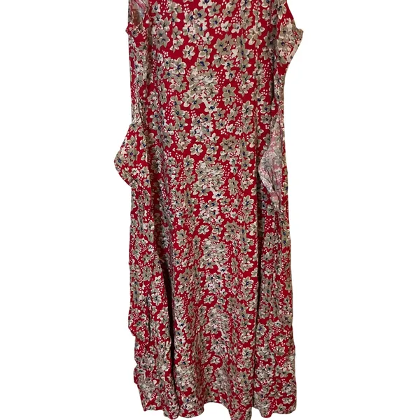 Vintage 90s Toyjours Floral Maxi Dress M Red Rayon Button Front Tie Back - Image 5