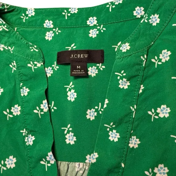 J.Crew Green Floral Print V Neck Short Sleeve Blouse Feminine Cheerful Botanical Medium - Image 3