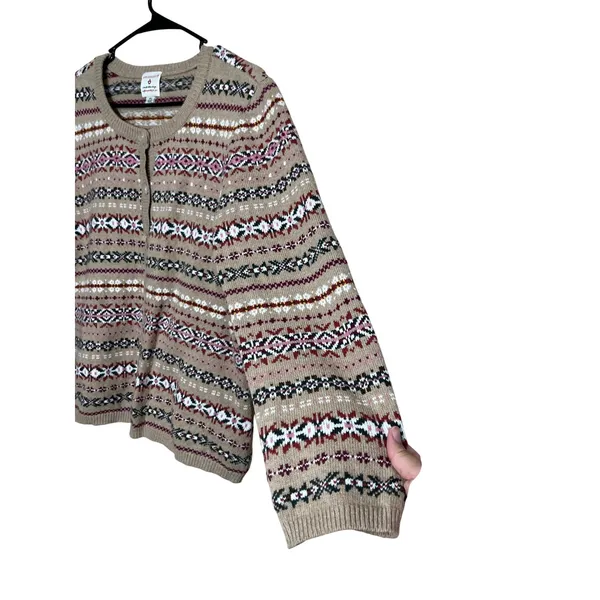 Vintage‎ Appleseeds Wool Blend PL Tan Multi Fair Isle Pattern Cardigan Sweater - Image 4