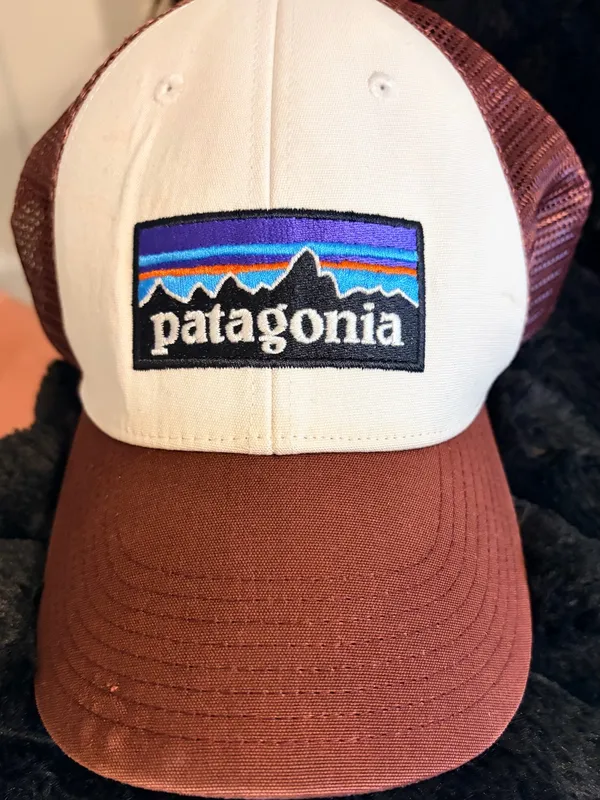 Patagonia Two-Tone Trucker Hat in White & Brown with Multicolor Logo - Image 2