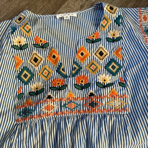 THML blue and white striped embroidered top size M - Image 6