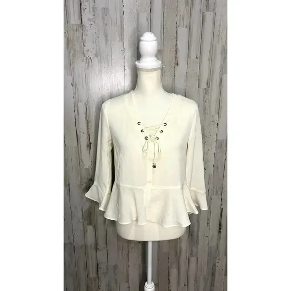 NWT Frye‎ Women's Lace-Up Bell Sleeve Blouse Ivory Size Small Casual Spring - Image 2