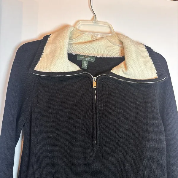 Lauren Jeans Co Ralph Lauren Sweater L Black Cream Cotton 1/4 Zip Pullover - Image 3