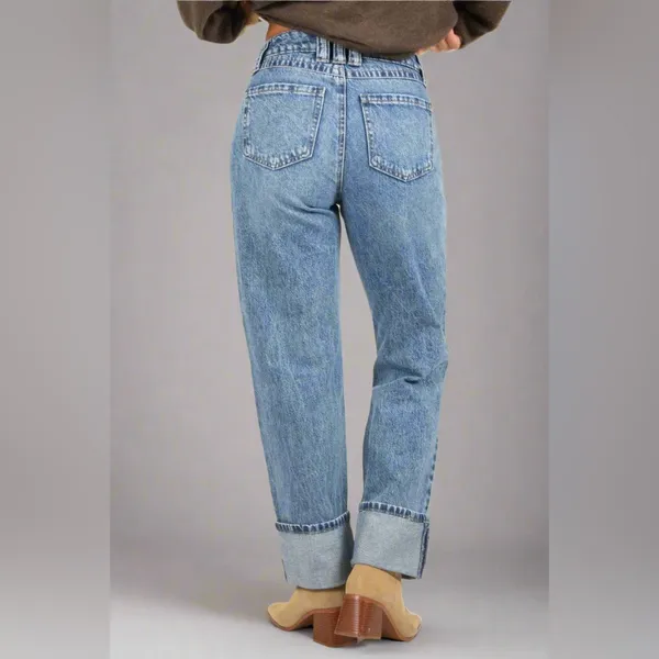 Rewash High Rise Cuffed Straight Ankle Jeans -Vintage Blue Black - Image 4