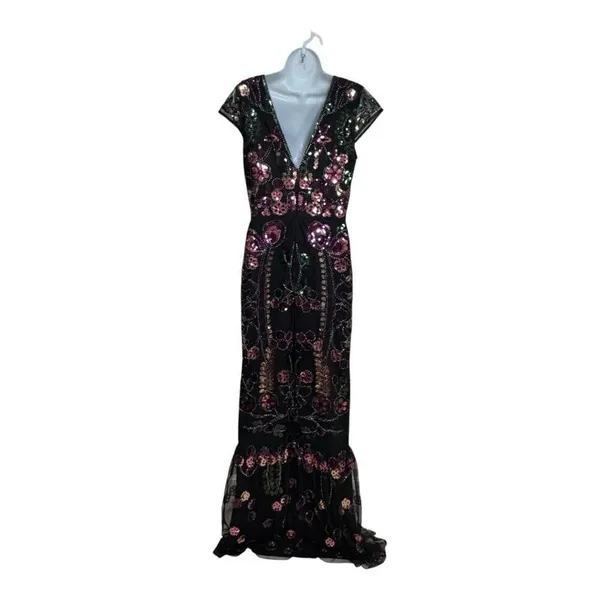 Lulus Era of Opulence Burgundy Sequin Cap Sleeve‎ Maxi Dress large - Image 4