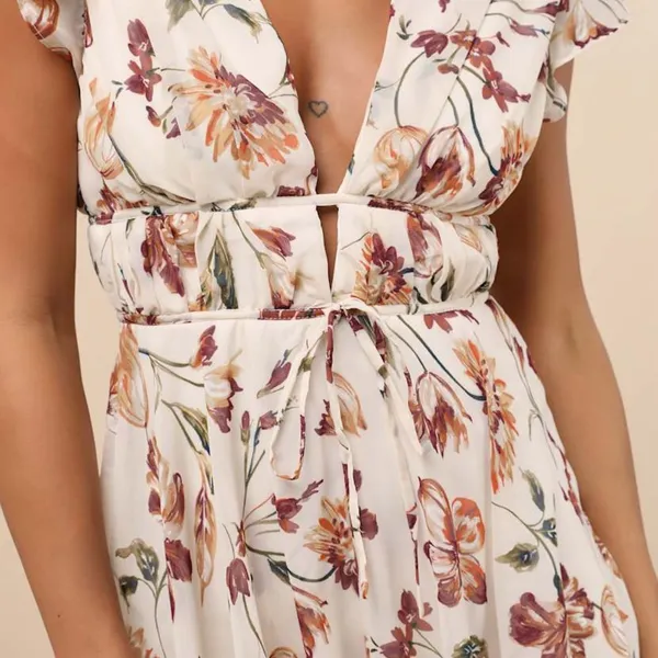 Lulus Flirty Ways Cream Floral Print Flutter Sleeve Romper - Image 6
