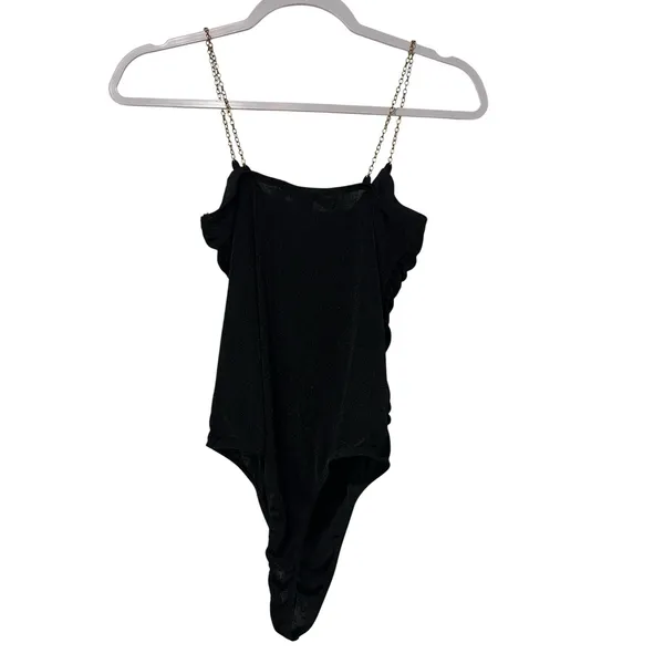 Just Polly New York Bodysuit Y2K Black Ruched Glam Gold Chain Strap Grunge SZ M - Image 5