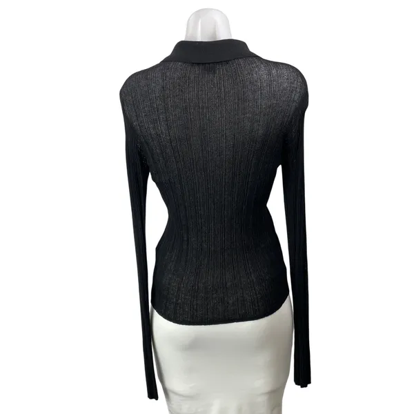 French Connection Women's Black Ribbed Knit Long Sleeve Henley Blouse Top Size L - Image 3
