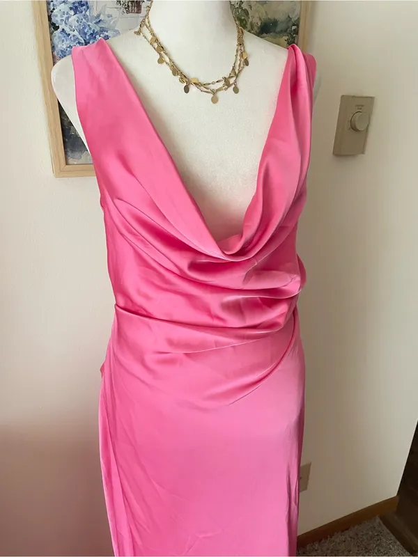 Birdy Grey Alexis Draped Satin Open Low Cut Criss Cross Back Maxi Dress Bon Bon - Image 5