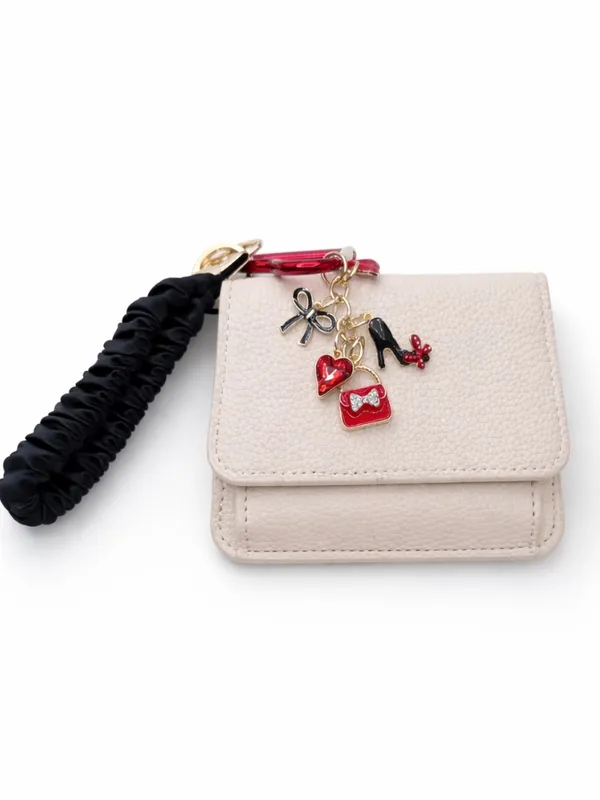 Beige Faux Leather Card Holder Wallet w/ Wristlet Strap & Charm Keychain - Image 2
