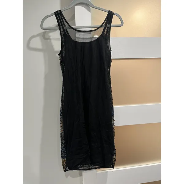 Vintage Art‎ Deco Beaded Scallop Mini Dress Navy Gold Iridescent Flapper - Image 2