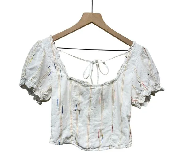 Free People Women Cropped Corset Smocked Top Sz S White Puff Sleeve Cottage Boho - Image 3