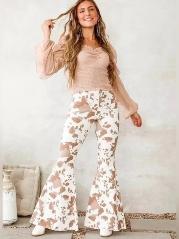 Cream & Brown Cowprint Fringe Flare Jeans Medium 28 in western boho festival - Image 2