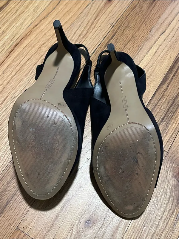 Vince Camuto Black Suede Peep Toe Slingback Heels Size 7.5 High Heel Mules - Image 6