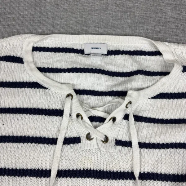 Old Navy Sweater Womens XL White‎ Striped Lace-Up Pullover Open-Knit Relaxed - Image 4