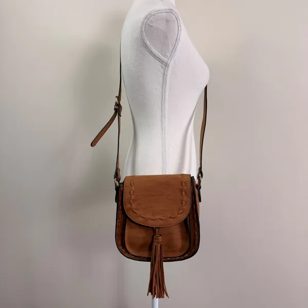 Mellow World Brown Vegan Leather Whipstitch Tassel Crossbody Saddle Bag - Image 2