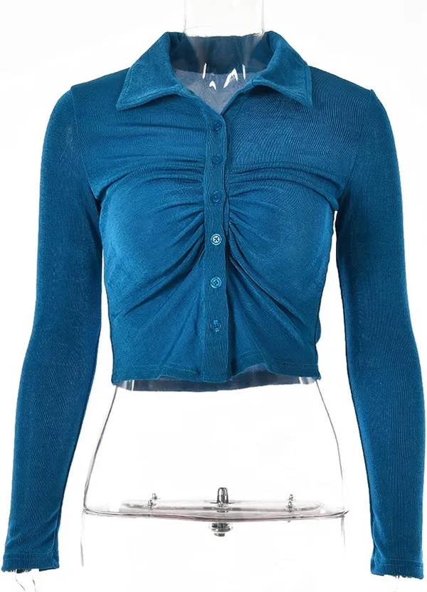 Women Button Down Ruched Long Sleeve Top Blue Size M - Image 4