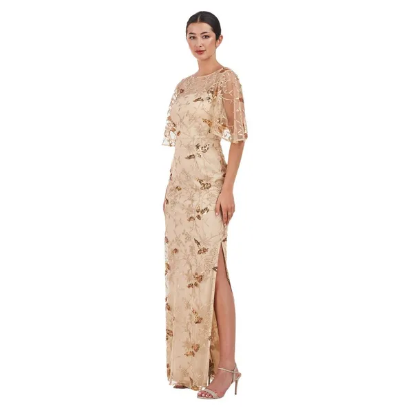 NWT JS Collections Sleeve Sequin Embellished Column Gown Dress Gold Yellow 18 - Image 3