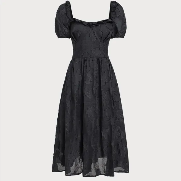 Rihoas Black Square Neck Puffed Sleeve Midi Dress - Image 6