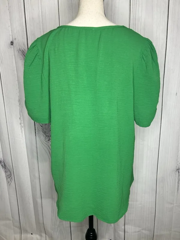 Jodifl Womens Sz Large Bright Green Short Ruched Sleeve V-Neck Blouse - Image 7