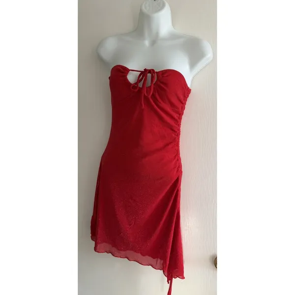 Princess Polly Red Strapless Ruched Mini Dress Tie Front Glitter Y2K Party US 4 - Image 2