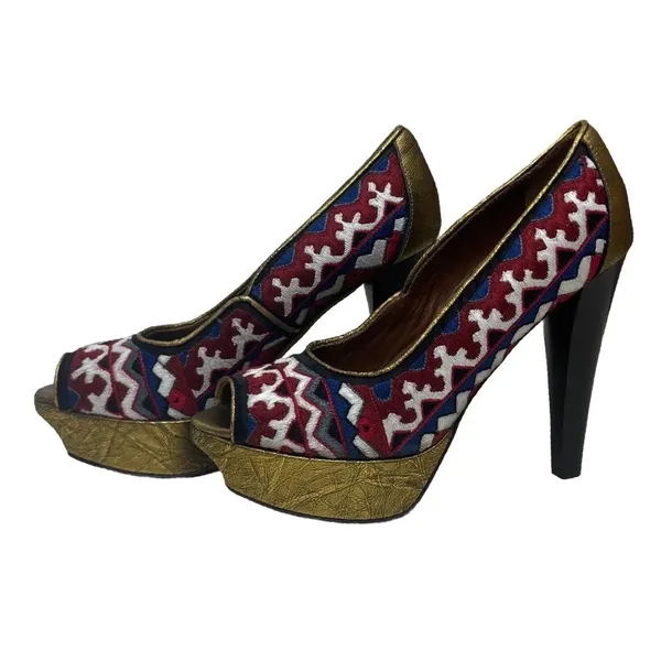 Donald J Pliner Couture Embroidered Peep Toe Platform Pumps Gold Red‎ Blue 6.5M - Image 3