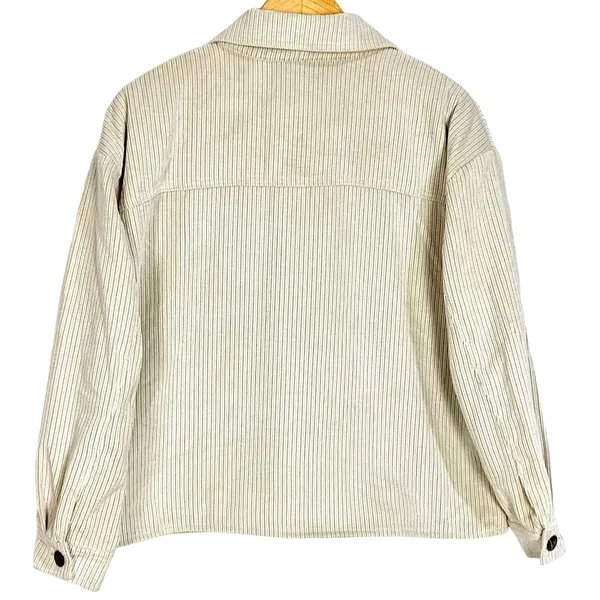 Corduroy Sherpa Lined Oversized Shacket Jacket M Button Up Soft Outerwear Beige - Image 6