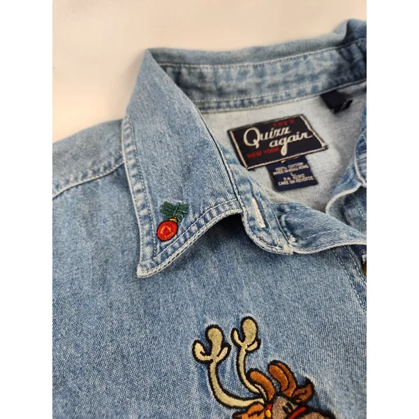 Vintage Embroidered Holiday SOFT Denim Shirt Reindeer Sleigh Bear Teacher Large - Image 6
