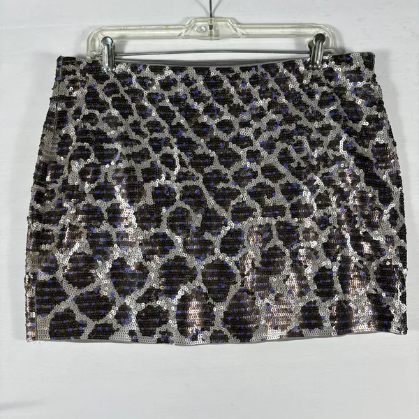 Express Womens Leopard Sequin‎ Mini Skirt Silver Blue Black Animal Print Large - Image 2