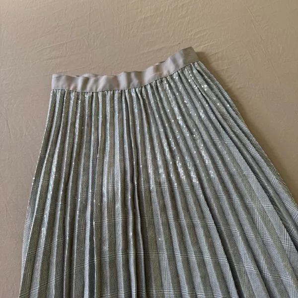Plaid Pleated Sequin Midi Skirt Silver Size XS - Image 3