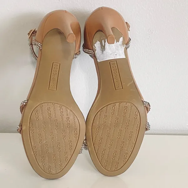 BCBGeneration Tan and Silver Strappy Heels - Image 6