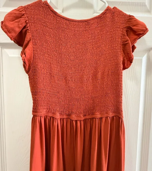 MEROKEETY Tiered Maxi Dress Size M Rust Orange Smocked Bodice - Image 7