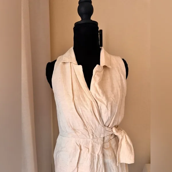Anthropologie Linen Wrap Dress Cream Sleeveless Tie Waist XS - Image 4