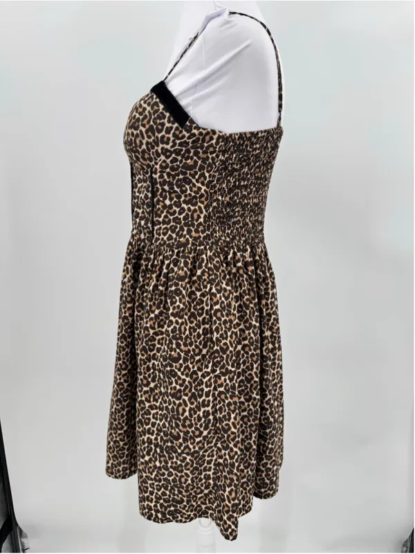 Leopard Print Mini Dress Velvet Trim Smocked Back Mobwife Animal Print Cheetah - Image 3