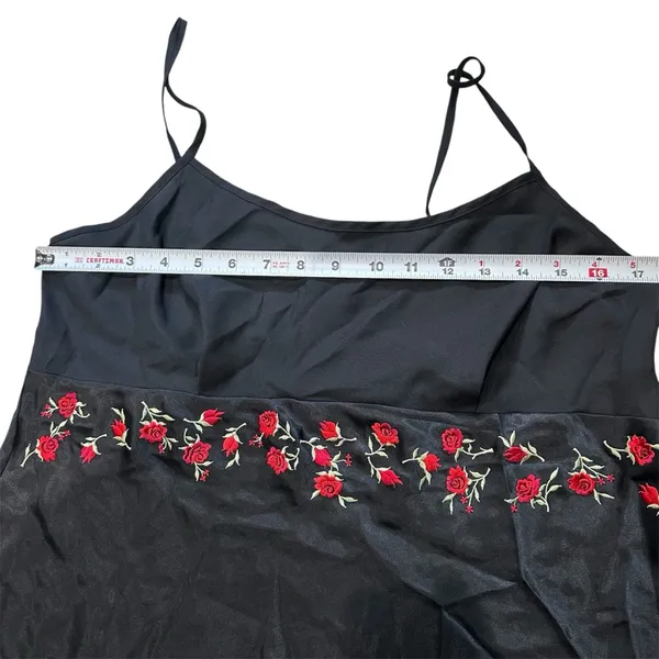 Vintage‎ Delicates Black Satin Slip Dress with Red Rose Floral Embroidery Size L - Image 3