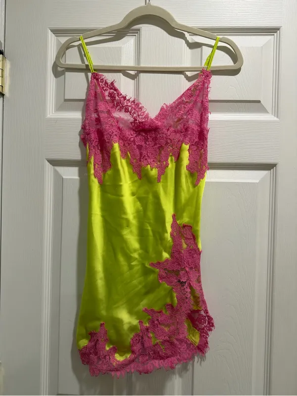 I.AM.GIA Neon Yellow & Hot Pink Lace Satin Chemise Slip dress - Image 3