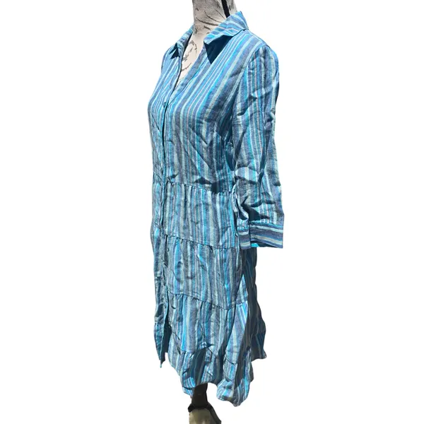 Soft Surroundings 100% Linen Striped‎ Tiered Midi Shirt Dress Blue Coastal XS - Image 5