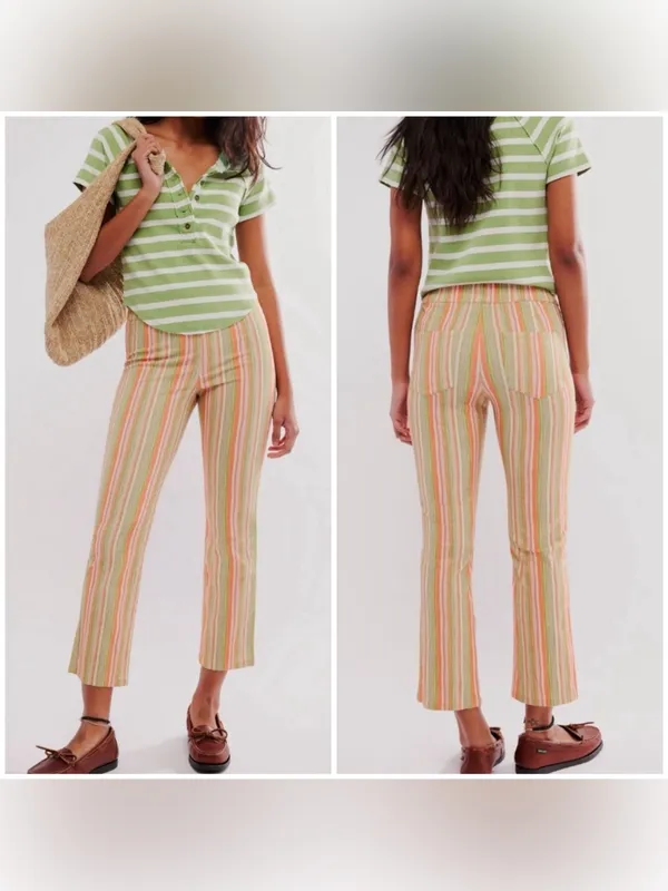 NWOT Free People In My Feelings Stripe Slim Flare Crop Pants - green combo - S - Image 2