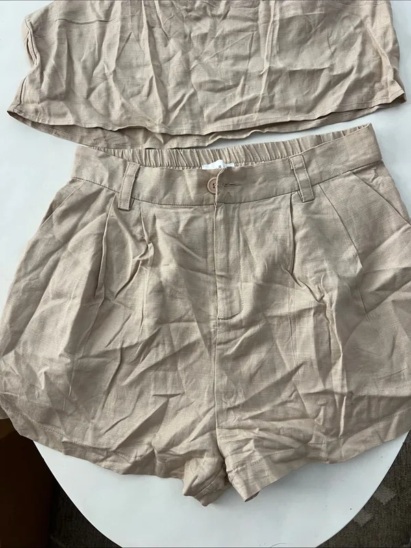 MABLE 2 Piece Matching Set - Sleeveless Crop Square Neck Tank Top & Shorts Tan L - Image 7