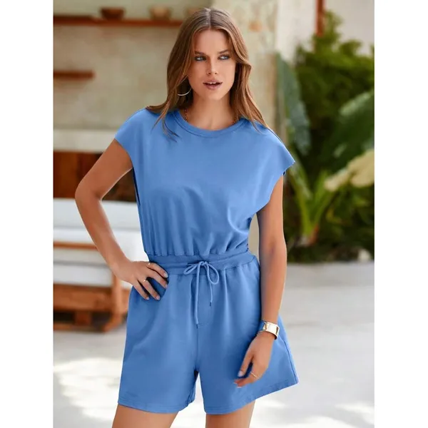 Womens Sz Small Casual Romper Light Blue Open Back Elastic Waist Tie Closure Cap - Image 2