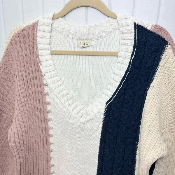 POL V-Neck Color Block Chunky Knitted Sweater Women’s‎ Size M - Image 8