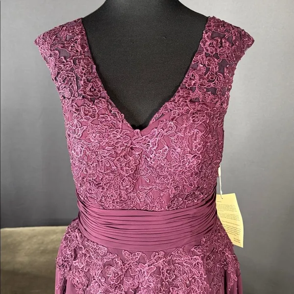 Women’s Chiffon & Lace Appliqué Full Length V-Neck Formal Dress Zip Back Size 6 - Image 2