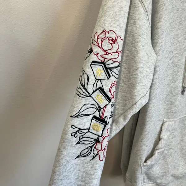 Hollister California Graphic Hoodie Floral Sleeve‎ Embroidery Gray Pullover M - Image 7