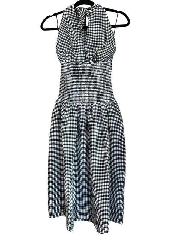 Wayf Brown and White Checkered Halter Midi Dress - Image 5